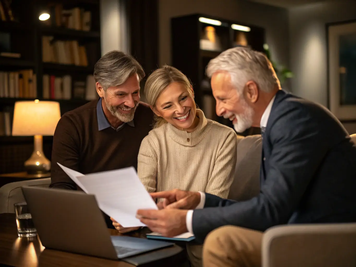 A couple reviewing financial documents with a consultant in a modern office environment.