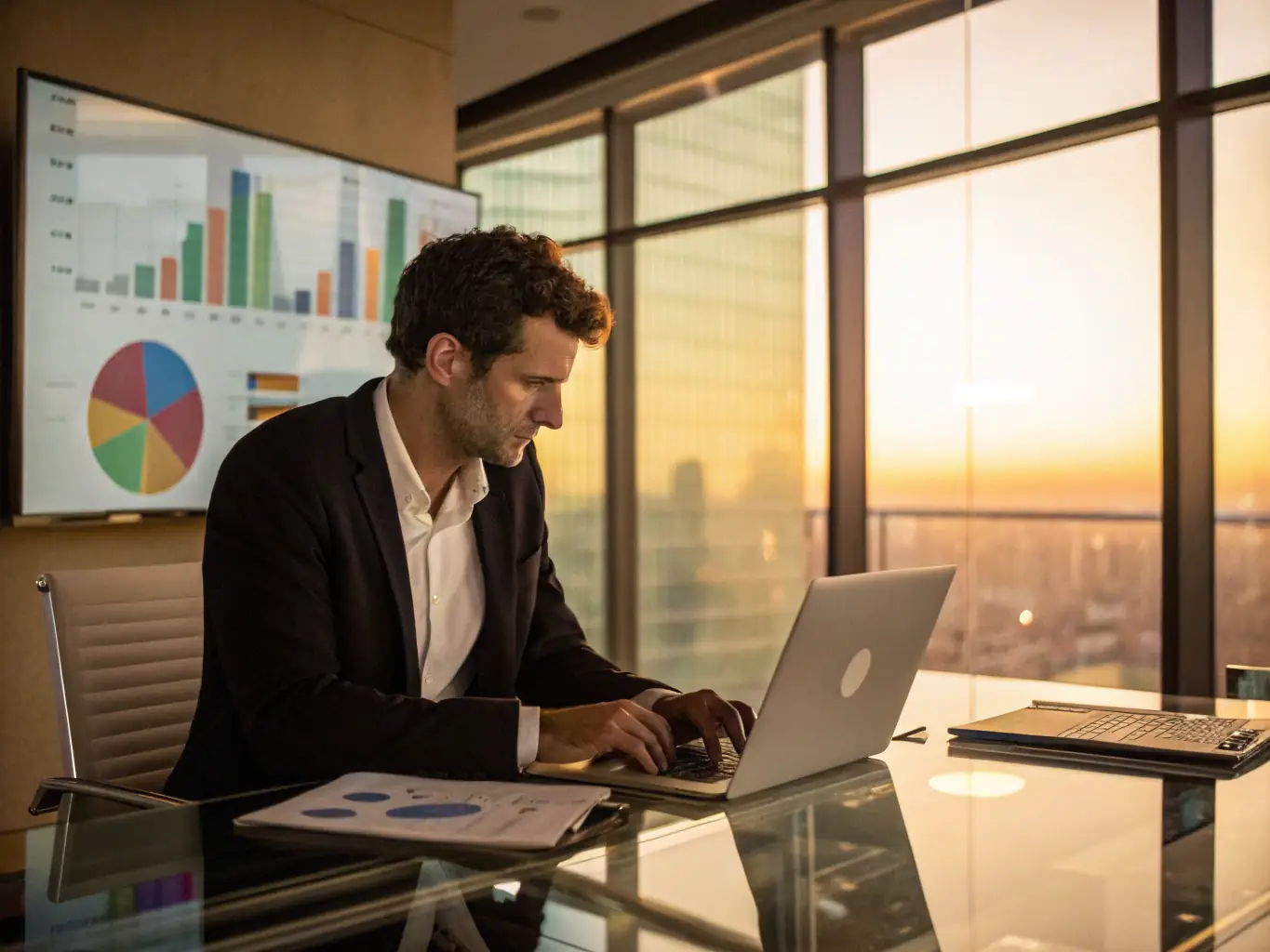 An image of a financial advisor analyzing investment charts on a laptop with a backdrop of Mexico City skyline.