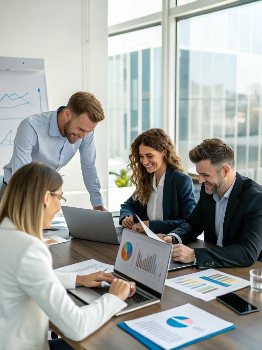 A diverse team of financial experts collaborating in a modern office, representing comprehensive financial solutions.