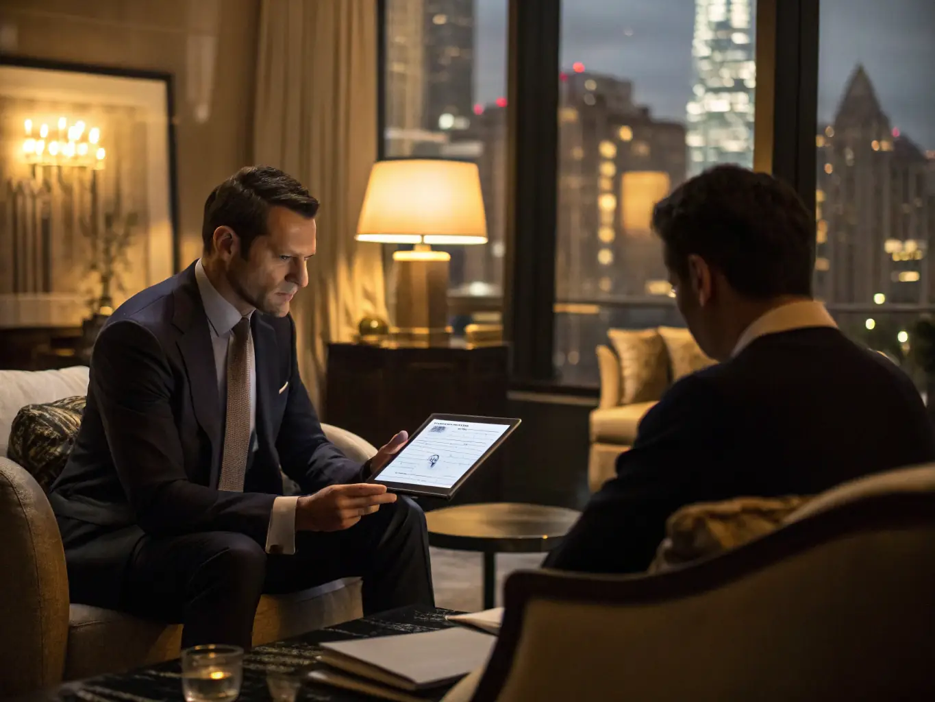A professional financial advisor discussing wealth management plans with a client in an elegant office setting.
